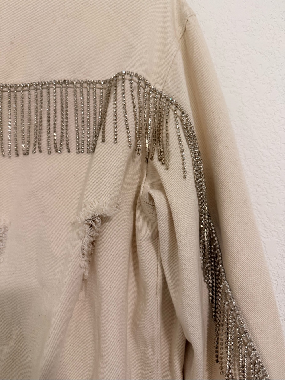 Beige Fringe Rhinestone Distressed Jacket - Picture 3 of 5